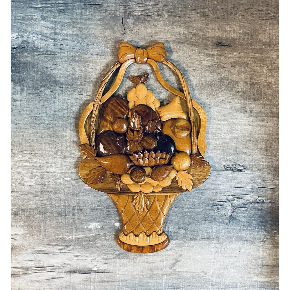 Vintage Hand Crafted 3D Intarsia Wood Art Fruit Basket Wall Plaque Sign 14x9